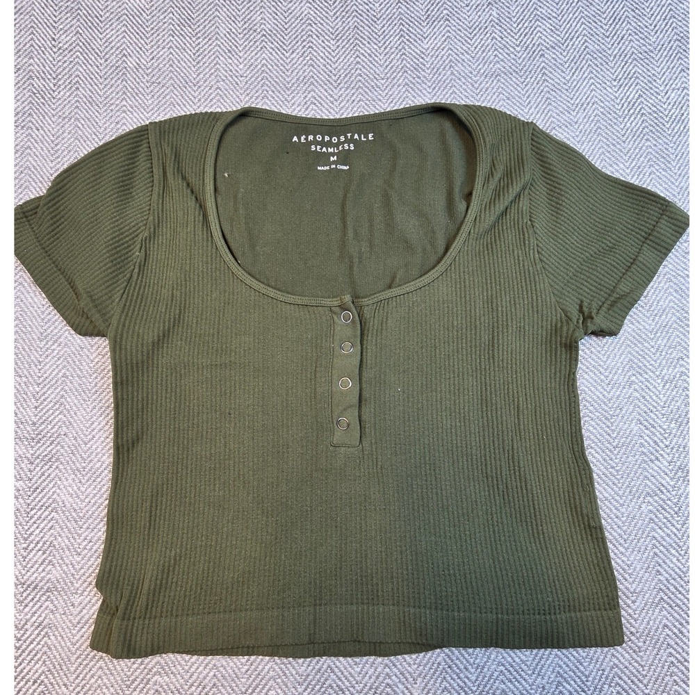 Aeropostale Seamless Ribbed Henley Top Olive Green Scoop Neck Snap Button Mens M